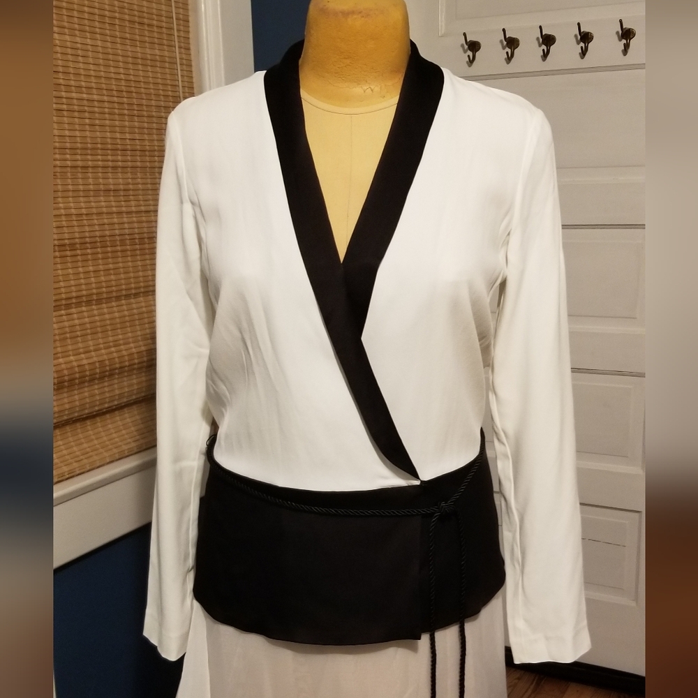 White and Black Wrap-Style Long Sleeve Top